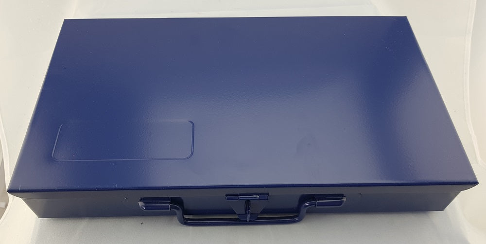 DARK BLUE METAL TOOL CASE WITH HINGED LID AND LATCH, IDEAL FOR 3/8" SOCKETRY