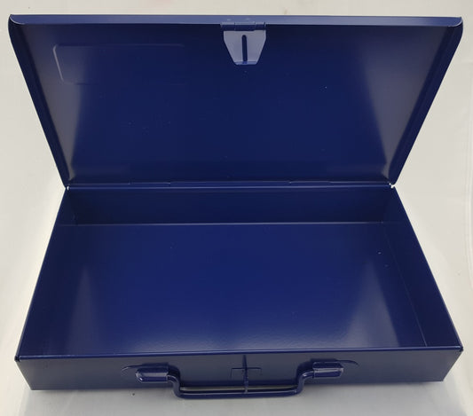 DARK BLUE METAL TOOL CASE WITH HINGED LID AND LATCH, IDEAL FOR 3/8" SOCKETRY