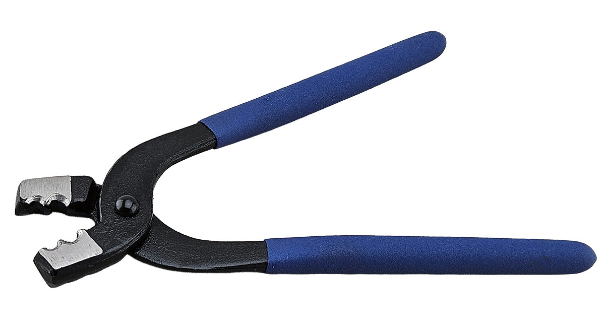 Special pliers for bending brake pipes by hand. Black with blue handles.