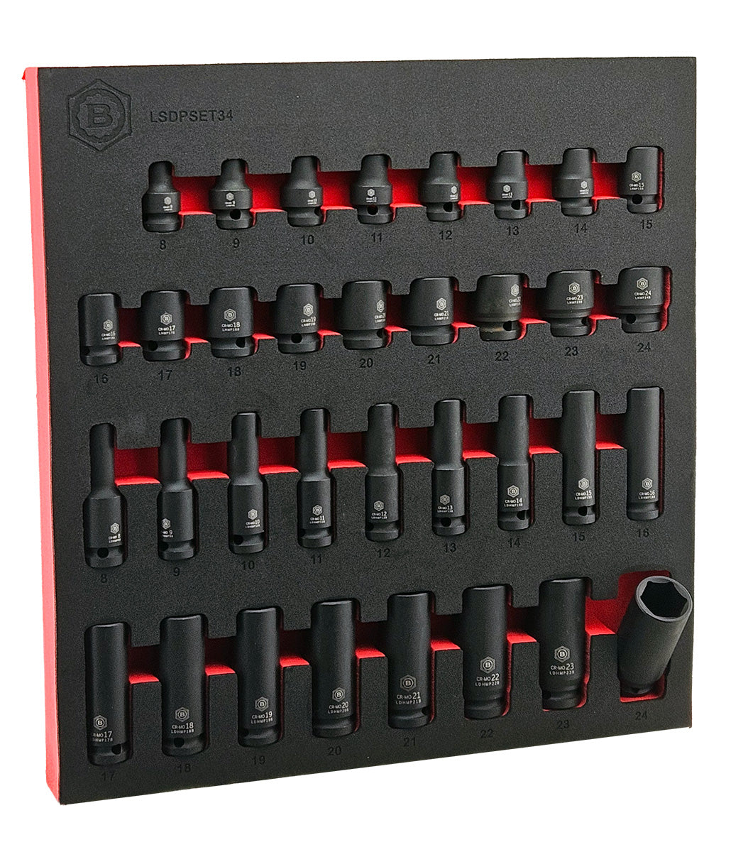 Set of black shallow and deep impact sockets in a black & red EVA foam tray.