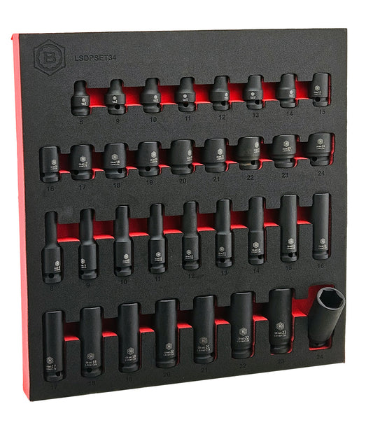 Set of black shallow and deep impact sockets in a black & red EVA foam tray.