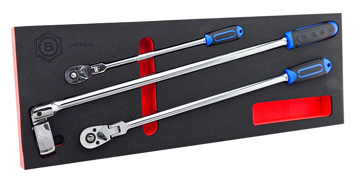 1/4", 3/8" and 1/2" drive extra long ratchet wrenches in a red & black foam tray.