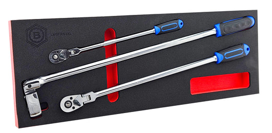 1/4", 3/8" and 1/2" drive extra long ratchet wrenches in a red & black foam tray.