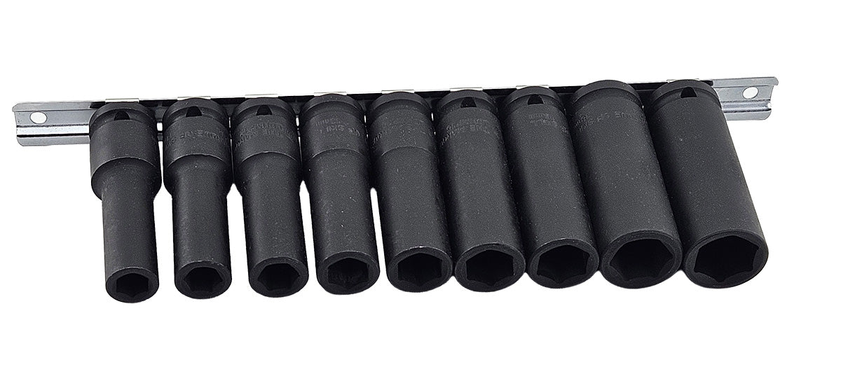 A set of 9 Britool black deep impact sockets on a metal socket rail.