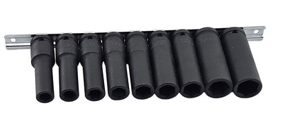 A set of 9 Britool black deep impact sockets on a metal socket rail.