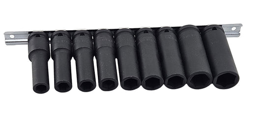 A set of 9 Britool black deep impact sockets on a metal socket rail.