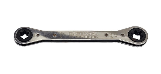 A chrome flat e-torx ratcheting box wrench spanner with the Britool brand name laser marked on the side.