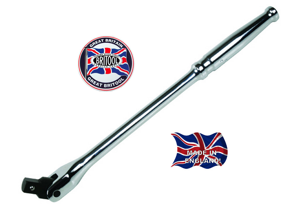 An original Britool England steel 3/8 inch square drive power bar with a high polished chrome finish.