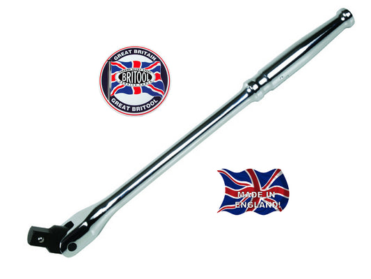 An original Britool England steel 3/8 inch square drive power bar with a high polished chrome finish.