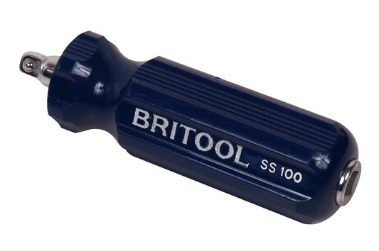 A blue Britool England 1/4 inch drive spinner handle with a square drive built into the handle.