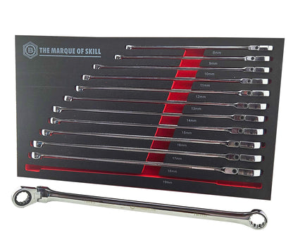 Flexi ratchet spanner set 8-19mm with long beam torque, EVA foam tray storage.