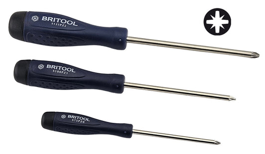 Three Britool pozidriv screwdrivers with blue & black handles on a white background.