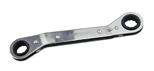 An American style offset ratcheting box wrench with different imperial sizes each end.