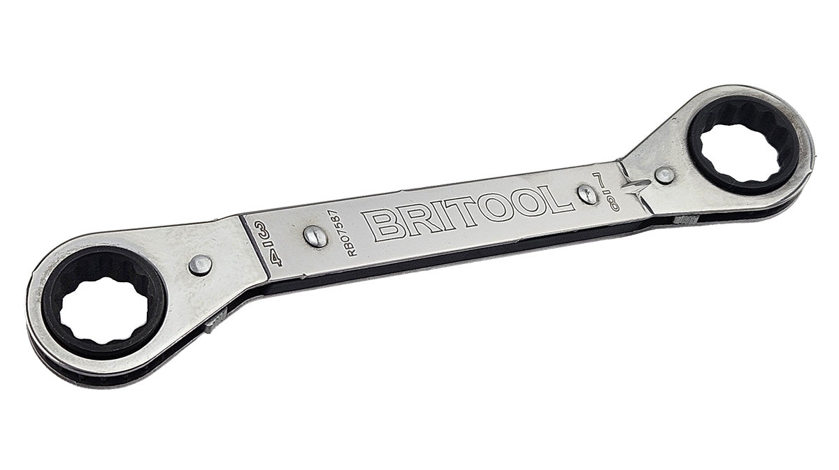 An American style offset ratcheting box wrench with different imperial sizes each end.