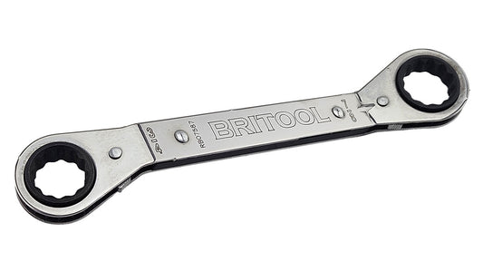 An American style offset ratcheting box wrench with different imperial sizes each end.
