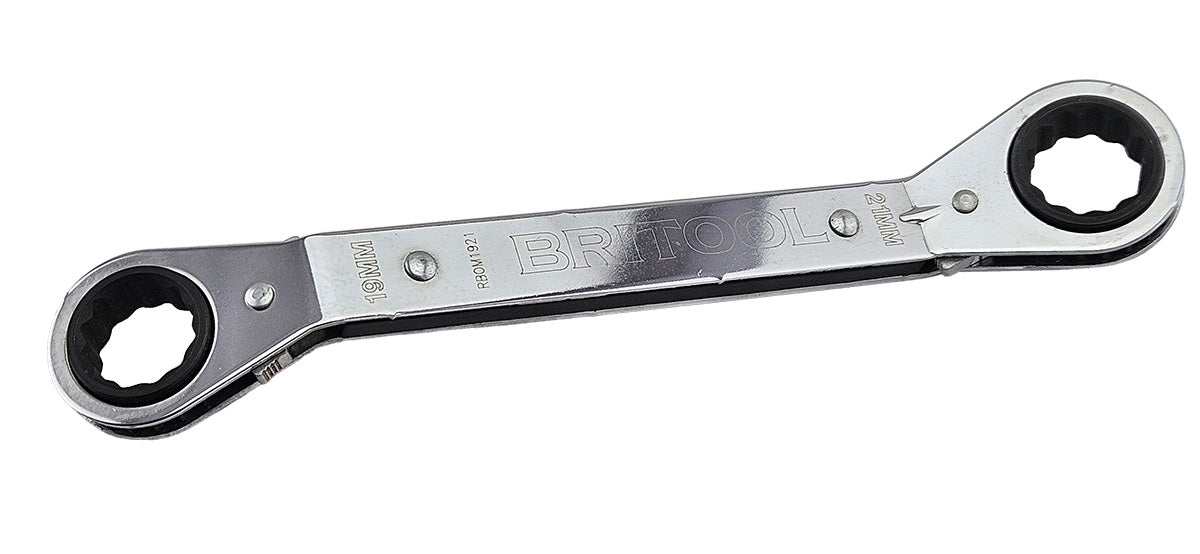 An American style offset ratcheting box wrench with different metric sizes 19mm & 21mm each end.