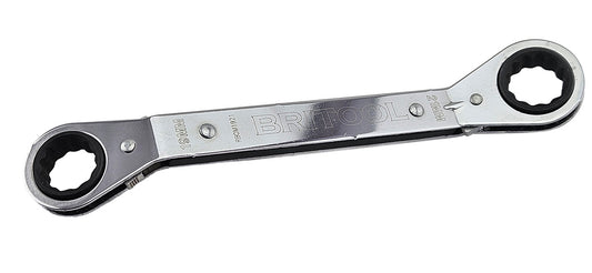 An American style offset ratcheting box wrench with different metric sizes 19mm & 21mm each end.