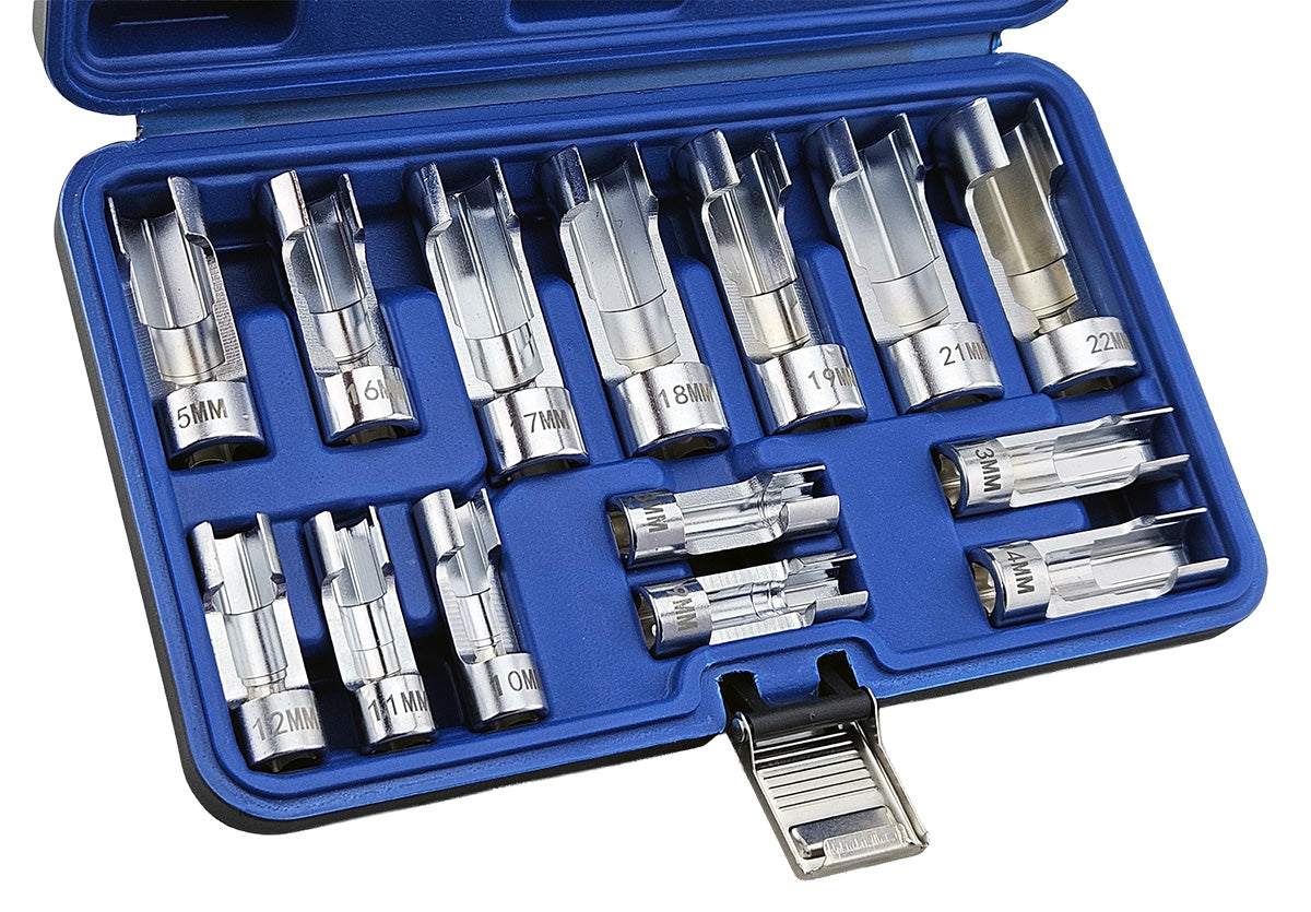 Difficult access socket set 8-22mm with window design for use over pipes and wiring in a blue case on a white background.