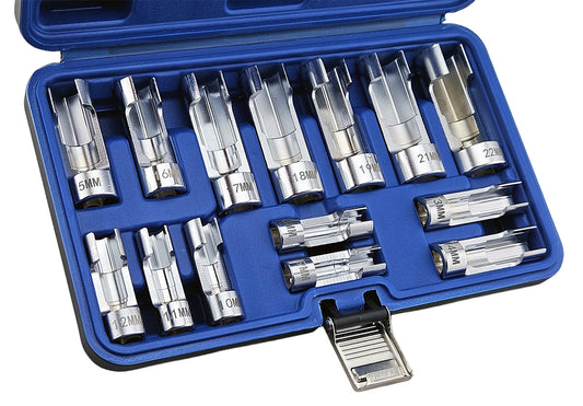 Difficult access socket set 8-22mm with window design for use over pipes and wiring in a blue case on a white background.