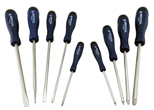 Set of Britool slotted and Pozidriv screwdrivers with blue & black handles