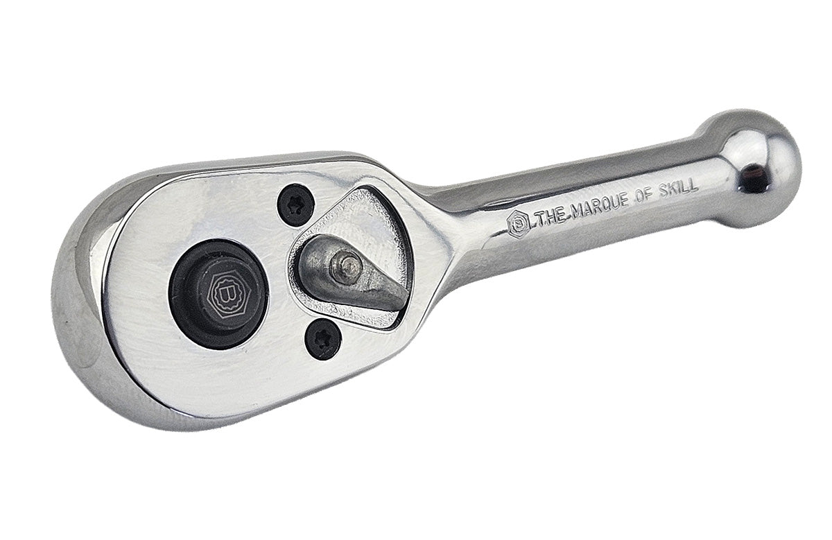 a stubby Britool chrome ratchet on a white background.