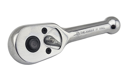 a stubby Britool chrome ratchet on a white background.