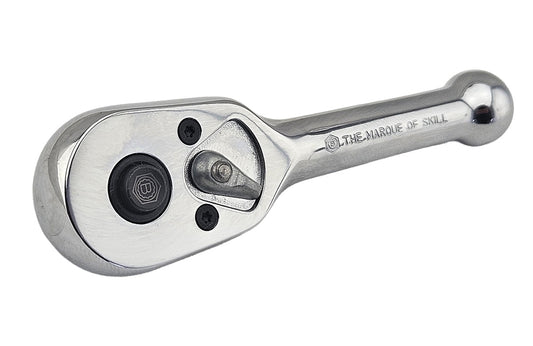 a stubby Britool chrome ratchet on a white background.