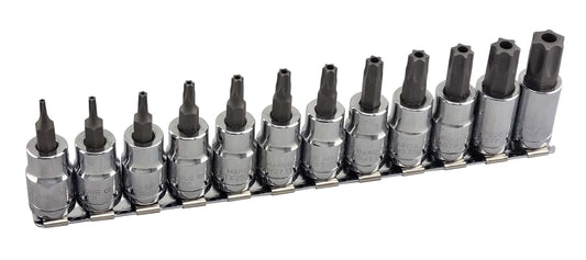 A set of Britool Hallmark tamperproof torx bit sockets on a metal rail. Includes sizes T8 to T60.