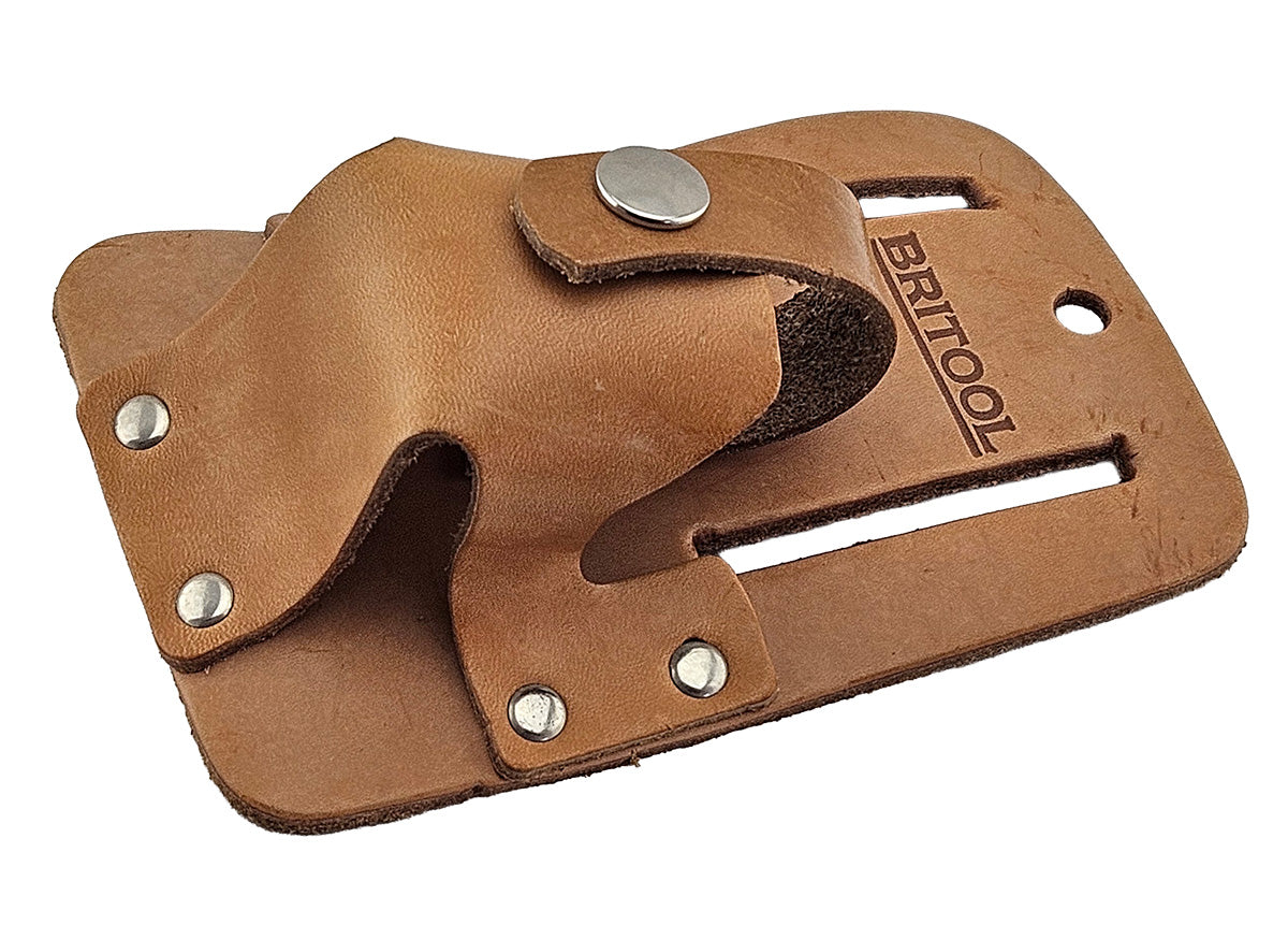 Brown leather tool holder with metal fasteners on a white background