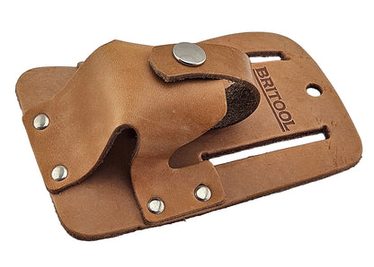 Brown leather tool holder with metal fasteners on a white background