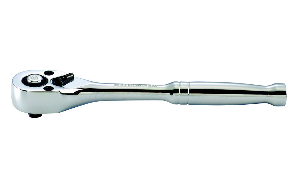 A chrome hand ratchet for 1/4 inch drive sockets.