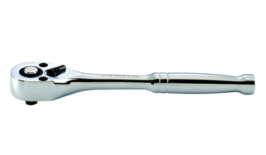 A chrome hand ratchet for 1/4 inch drive sockets.