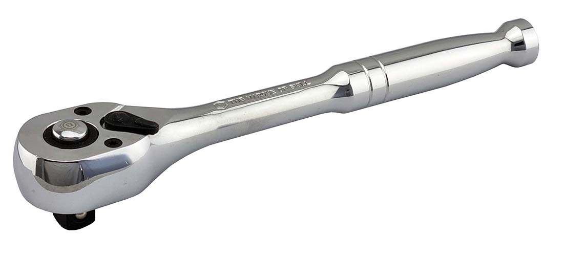 A chrome 3/8 inch drive pear head ratchet wrench with a safety socket release button.