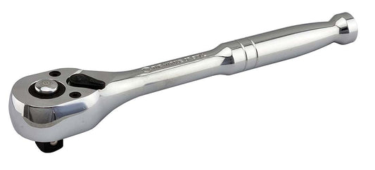 A chrome 3/8 inch drive pear head ratchet wrench with a safety socket release button.