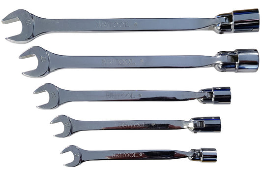 A set of five Britool chrome combination wrenches with socket ends, arranged vertically on a plain white background. 
