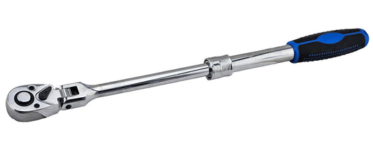 A 1/2" drive extending ratchet wrench with a blue and black handle on a white background