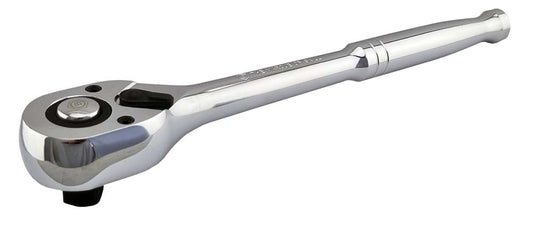 A chrome 1/2 inch drive 72 tooth pear-head ratchet wrench.