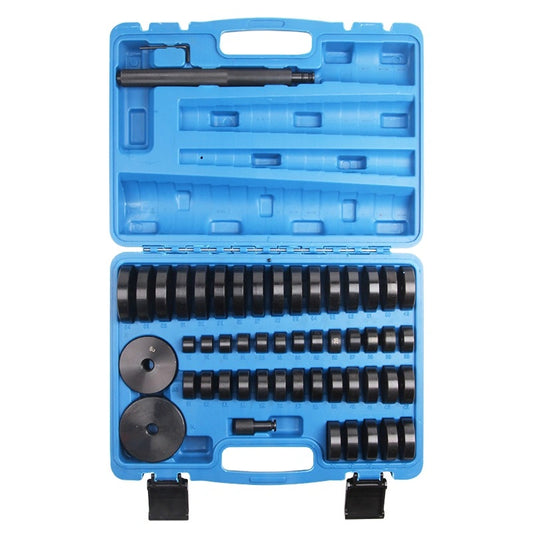 50-piece bearing and seal driver set with metal punch, interchangeable discs (Ø18–74mm), quick-connect shaft, and Allen key in durable case.