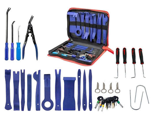 44-piece automotive trim removal tool kit with pliers, hooks, and stereo keys in zippered storage bag.