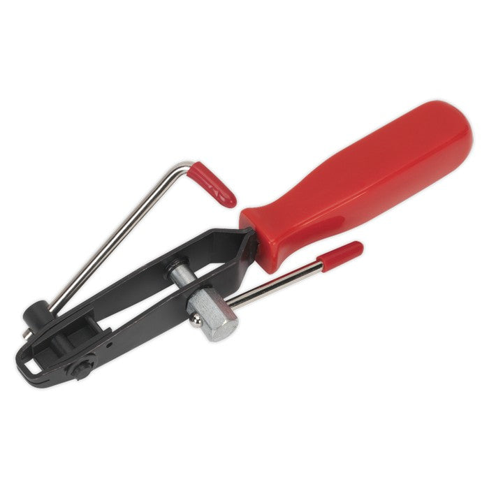 CVJ boot clamp tool with built-in cutter and ergonomic handle, used for tensioning and cutting CV boot bands and hose clips in automotive repairs.