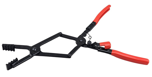 Pair of hose clamp locking pliers with red handles.