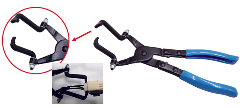 Automotive electrical connector removal pliers with hook and pointed tip for safely disconnecting locking push-tab clips on sensors and fuel injectors.