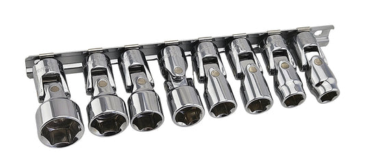 Set of 8 flexi chrome sockets on a metal socket rail