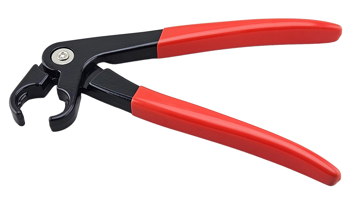 Specialist automotive fuel feed pliers with red handles.