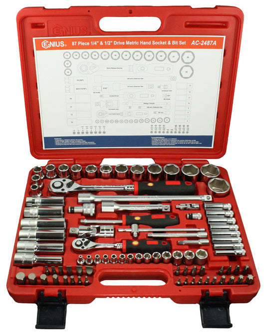 87PC 1/4" & 1/2" DRIVE SOCKET, RATCHET & ACCESSORY SET GENIUS TOOLS AC-2487A