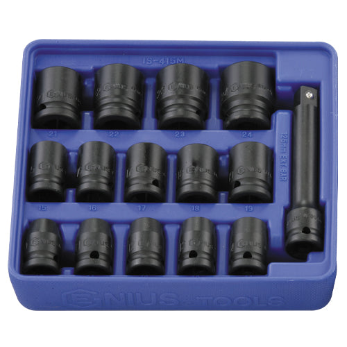 15PC 1/2" DR. METRIC IMPACT SOCKET & EXTENSION BAR SET FROM GENIUS TOOLS IS-415M