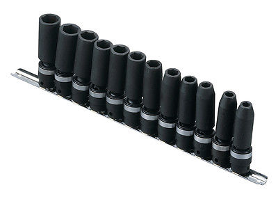 12pc metric swivel impact sockets 8-19mm on a metal socket rail. 