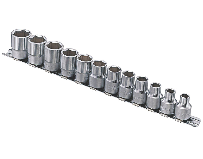 A set of 12 1/2" drive chrome vanadium metric sockets supplied on a meta socket rail. Contains sizes 8 to 19mm.