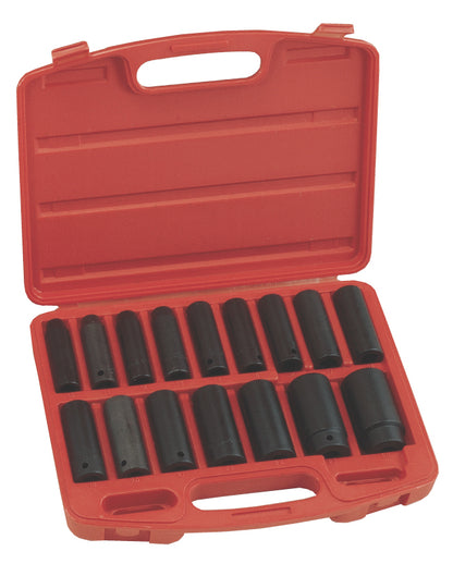 A set of 16 chrome vanadium deep AF impact sockets of various sizes, displayed in an open red case.