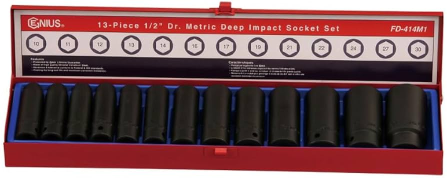 A red metal storage case with a row of black 1/2 inch drive metric deep impact sockets, labeled with sizes from 10-30mm.